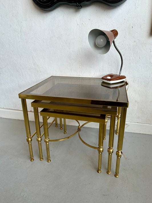 Italian Midcentury Brass and Smoked Glass nest of tables