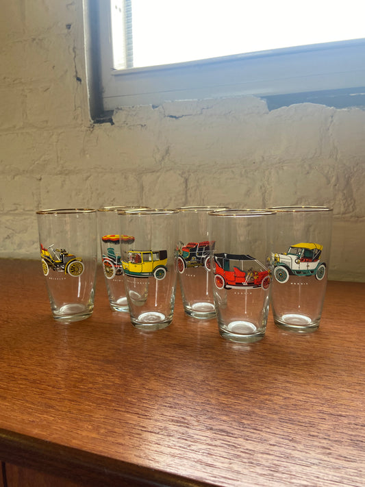 Set of Six Vintage Car Tumbler Glasses