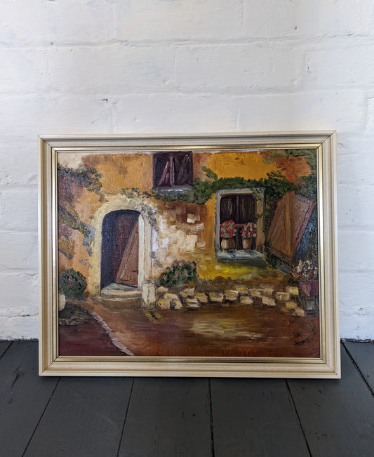 Vintage Mediterranean Farmhouse Scene Framed Painting