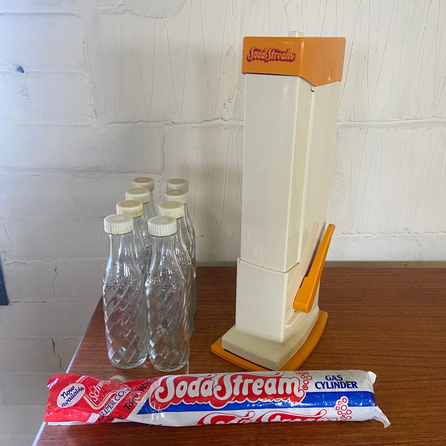 1970s Orange Soda Stream, Bottles and Gas Cannister