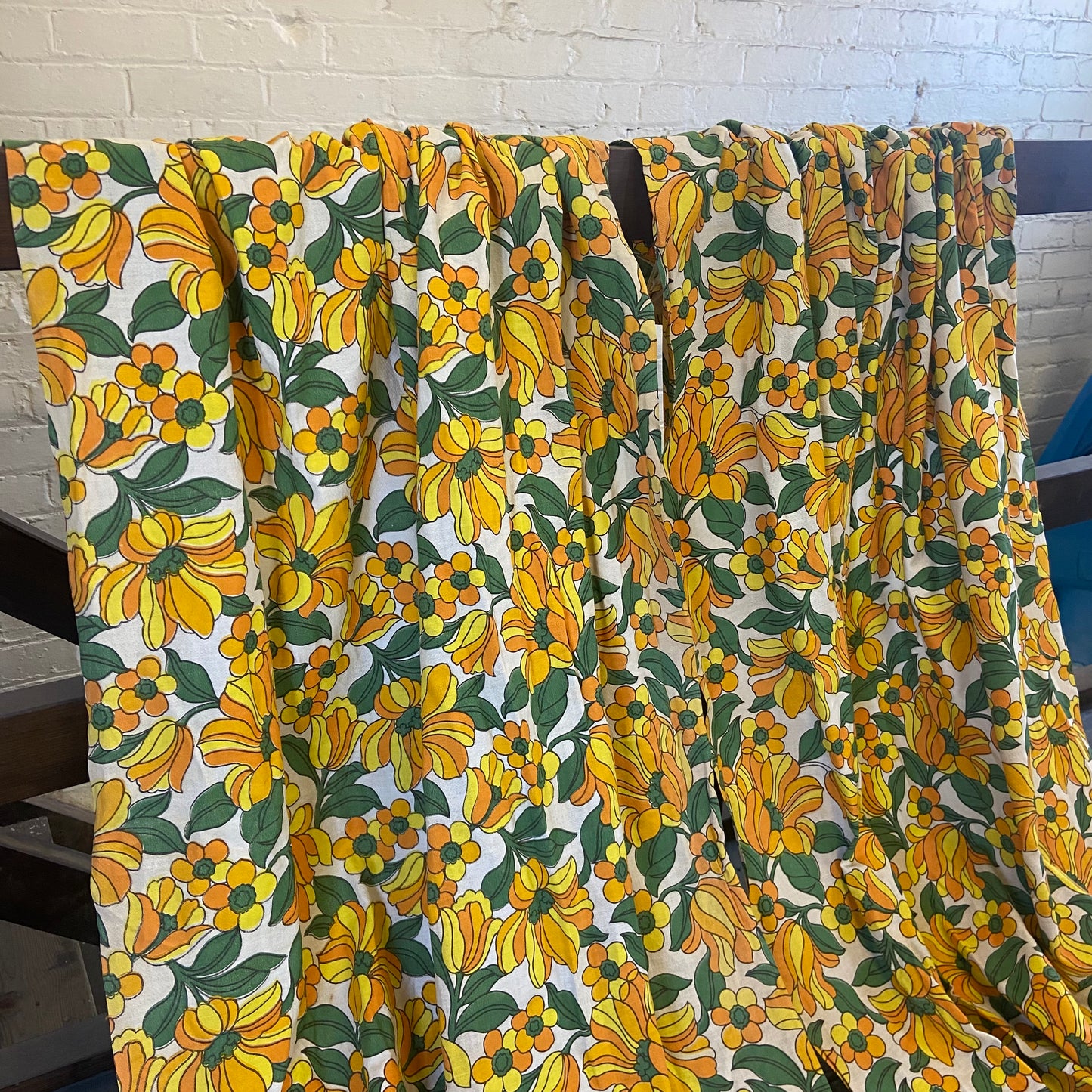 Pair of Long 1970s Yellow Flower Power Curtains