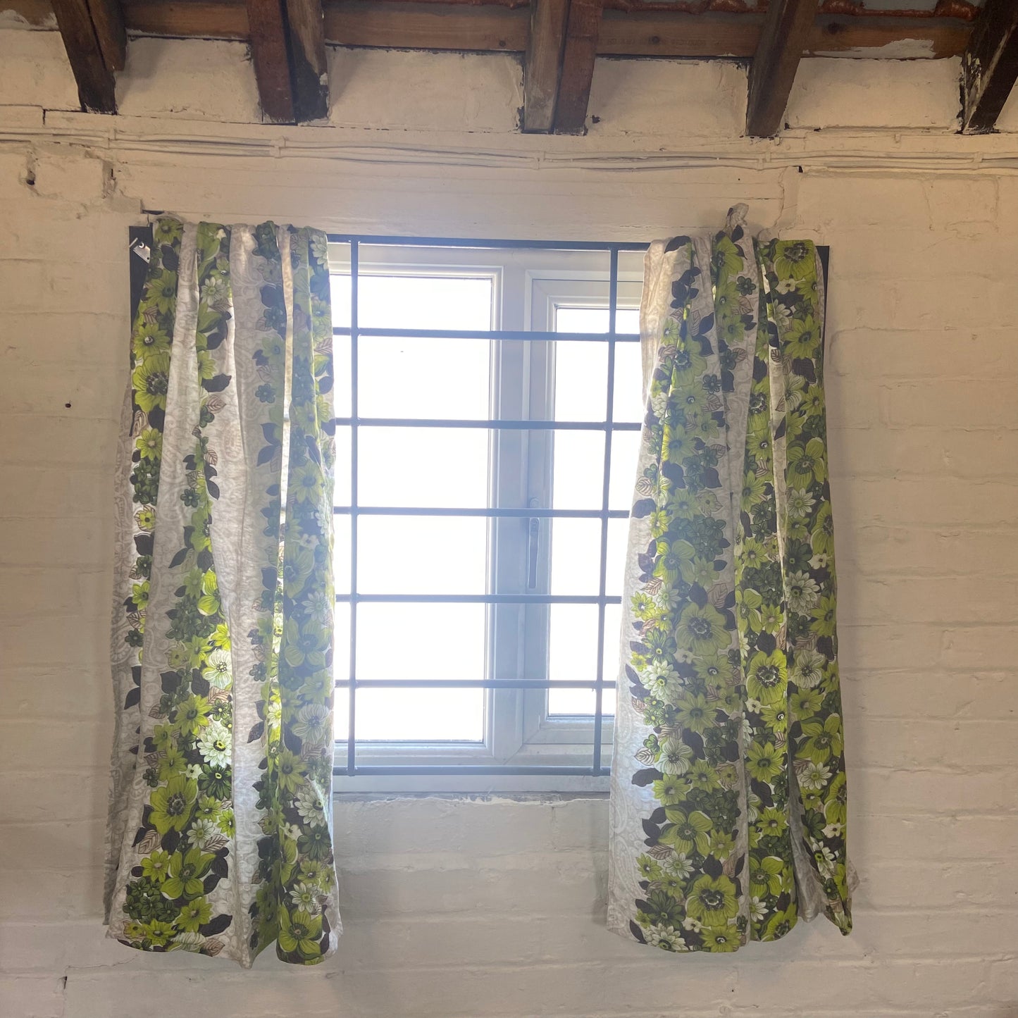 Pair of Green Floral Bark Cloth Curtains