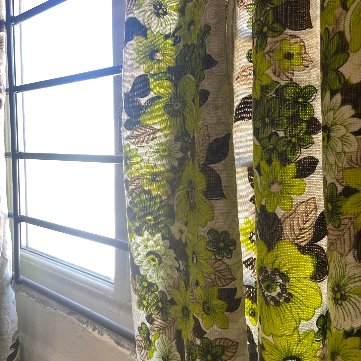 Pair of Green Floral Bark Cloth Curtains
