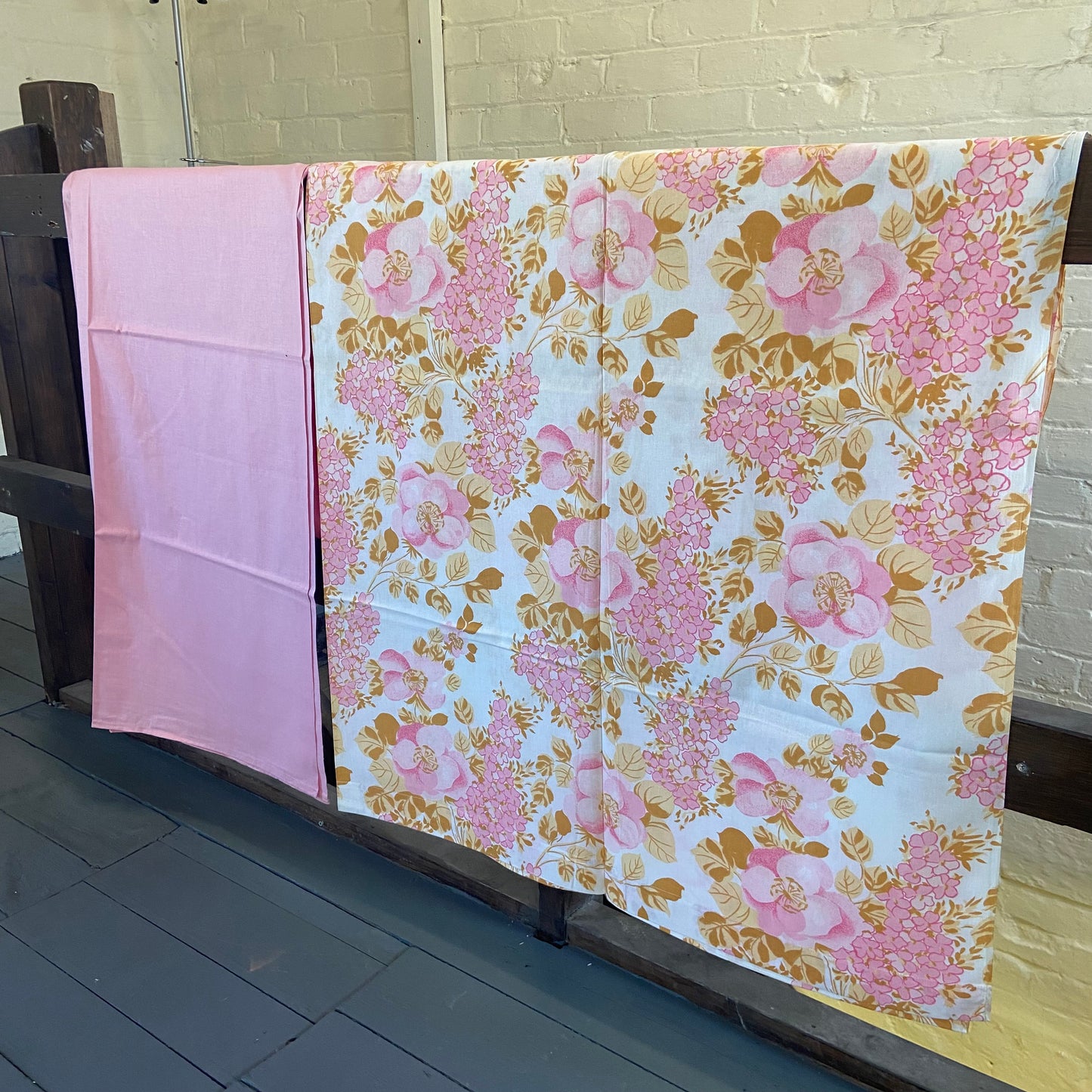 1960s Single Pink Floral Bed Sheet and Pillowcase Set