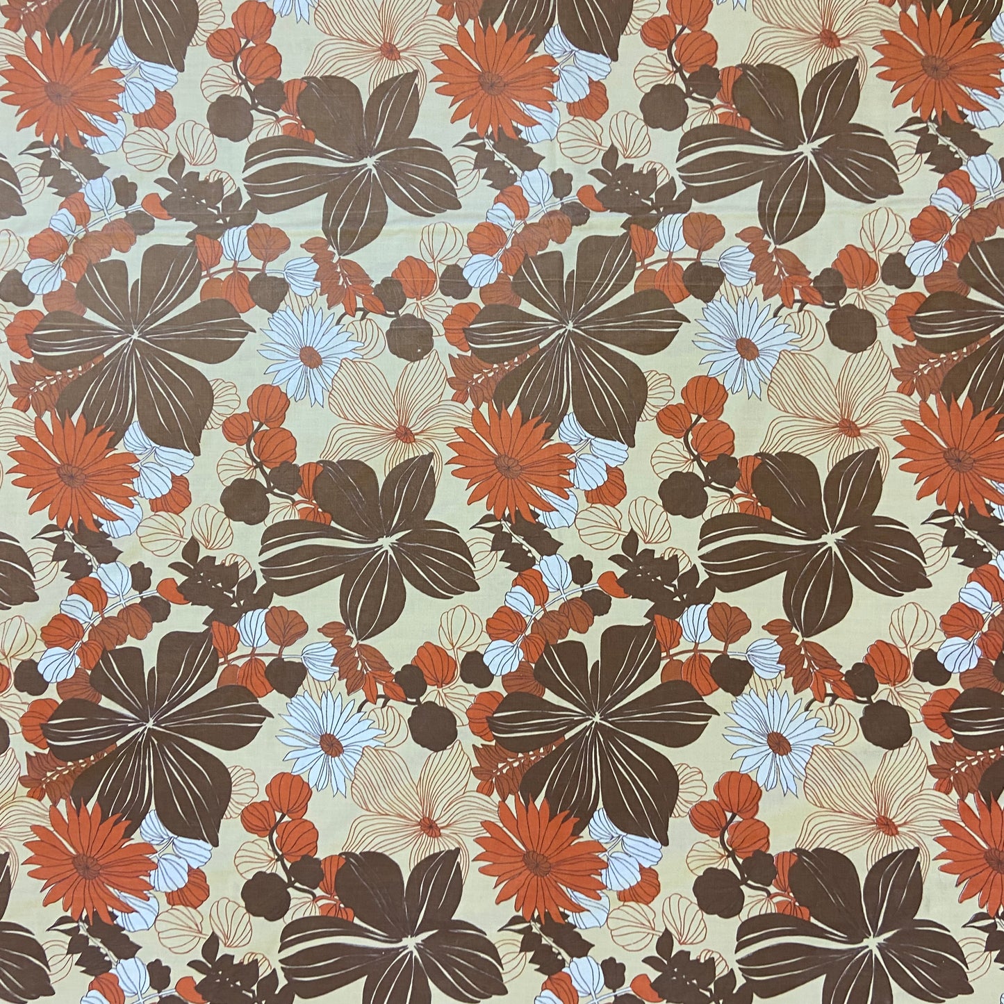1970's Brown Fabric Floral Single Bed Flat Sheet