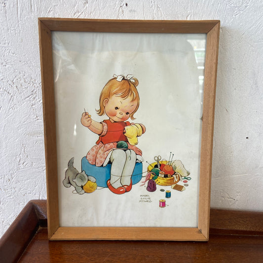 Vintage Mabel Lucie Attwell Framed Print Girl Sewing