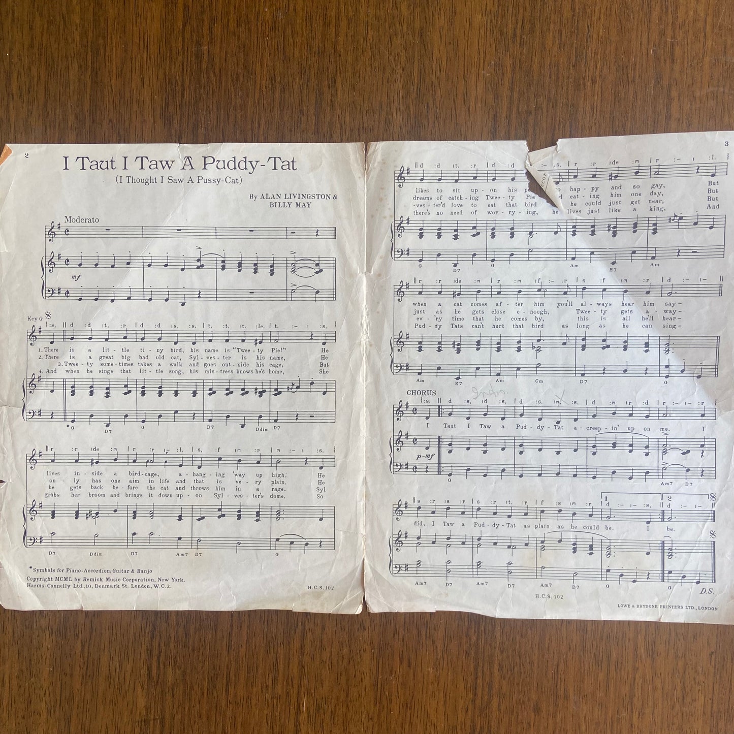 I Taut I Taw A Puddy Tat (I thought I saw a pussy cat) Sheet Music by Sam Costa