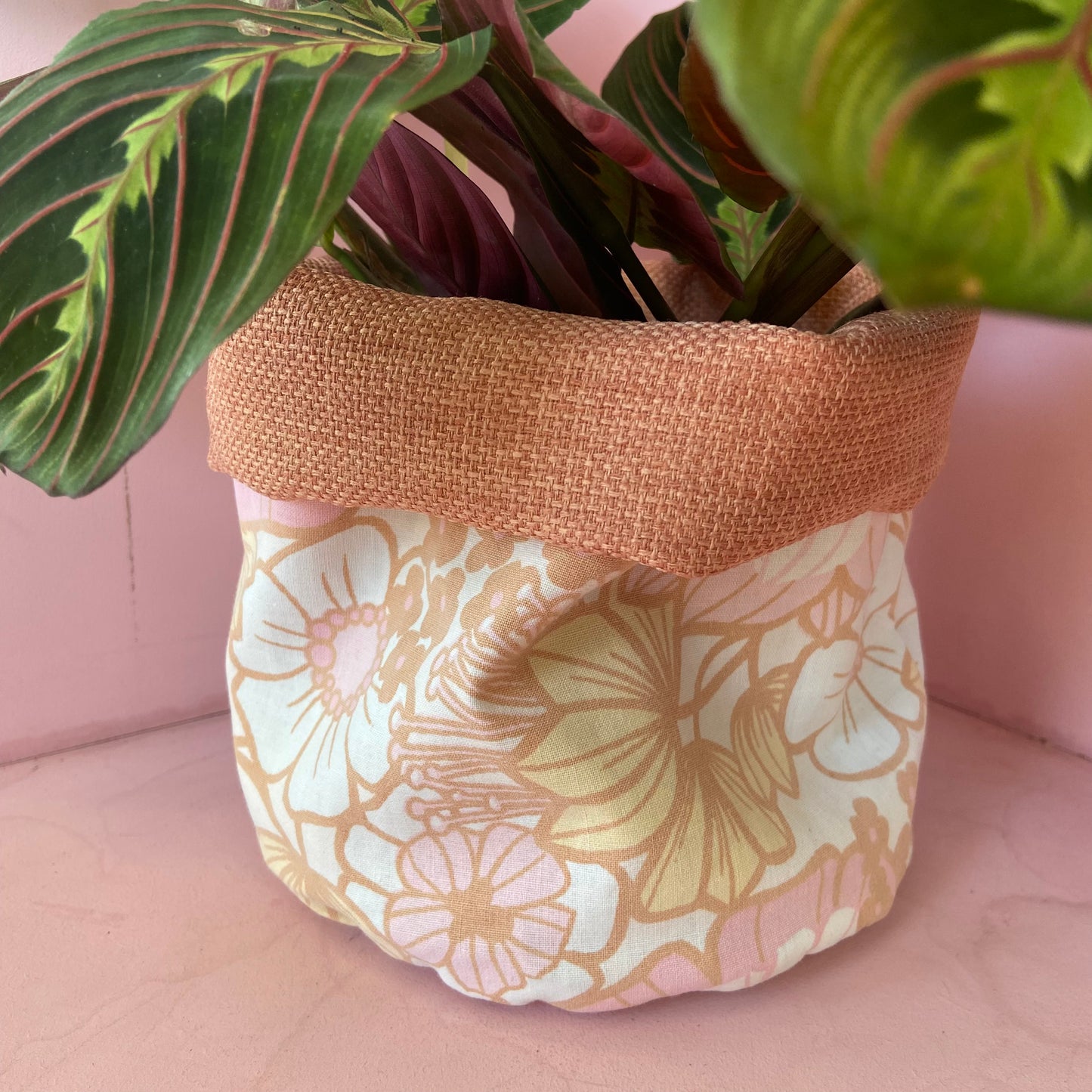 Vintage Pink Floral Fabric Plant Pot Cover