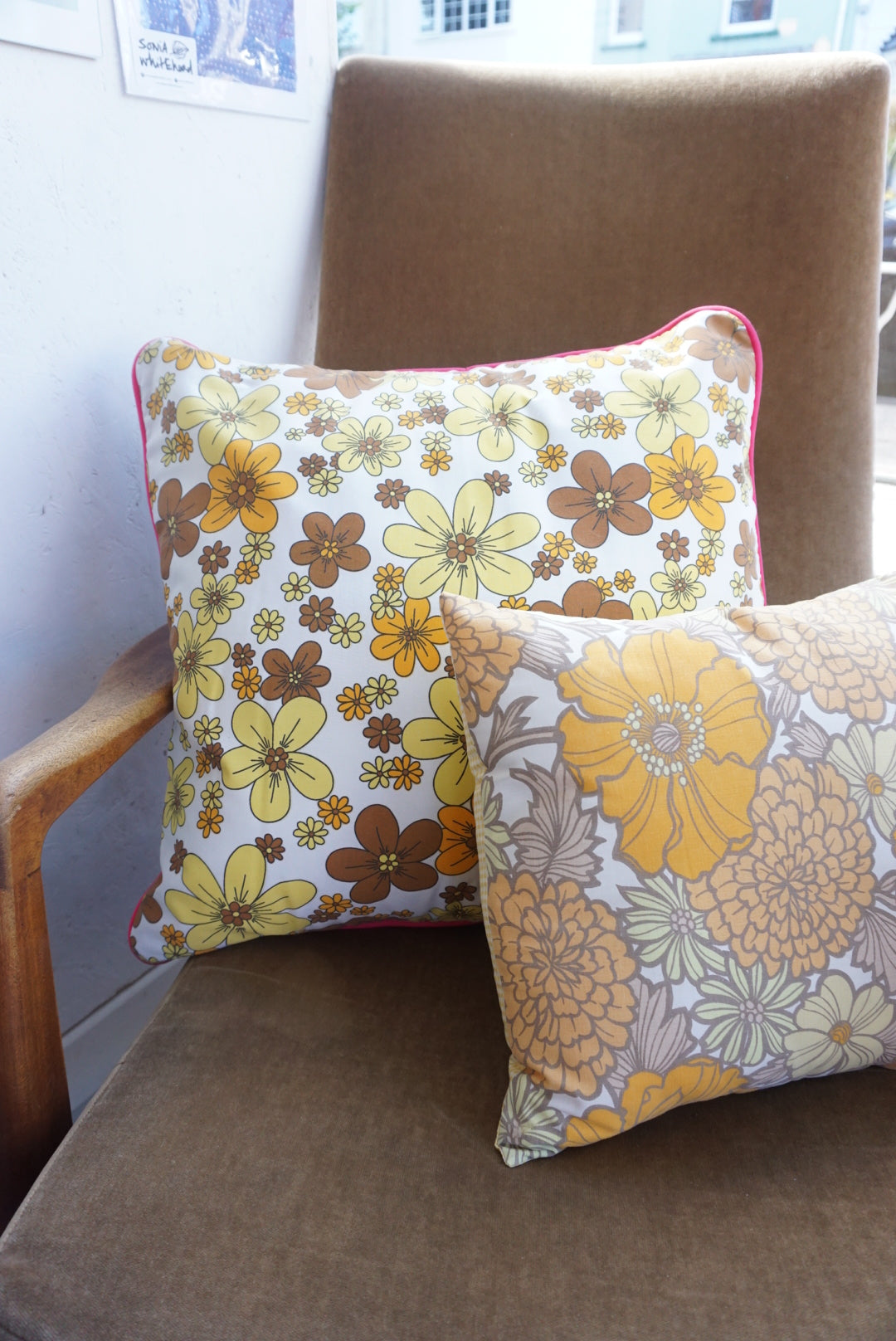 Vintage Large Yellow and Orange Floral Cushion
